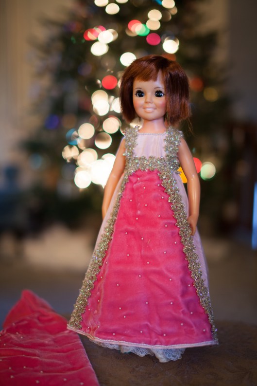 Vintage Crissy doll, wearing a handmade pink taffeta and velvet dress.