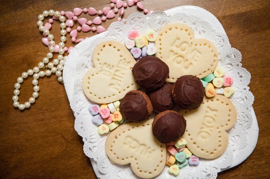 A little tray of Shortbread Heart Cookies and Cherry Cordial Cookies, ready for giving away.