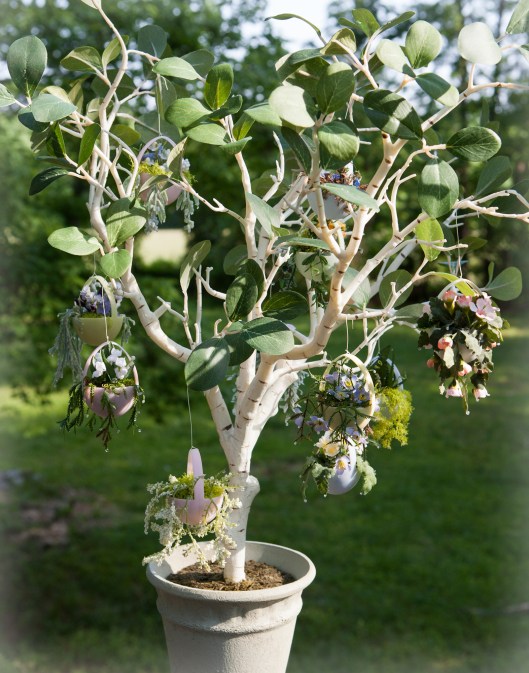 The tree was from Pottery Barn a couple years ago. The hanging egg baskets are cut from small plastic eggs and filled with tiny plants