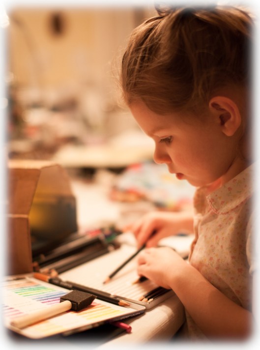 Sorting the colored pencils.