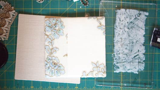 Gluing the sequined lace on the journal cover.