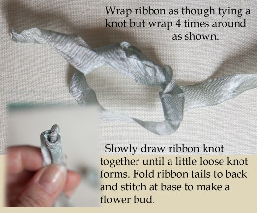 Making the ribbon rose buds.