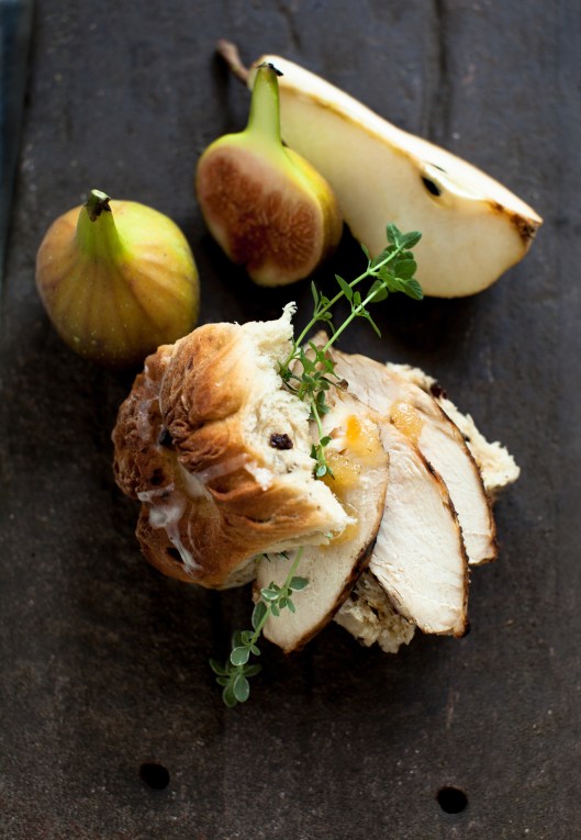 Grilled Chicken, fresh thyme and a bit of Ginger Spread on a homemade Hot Cross Bun. Dessert was a pear and two figs.