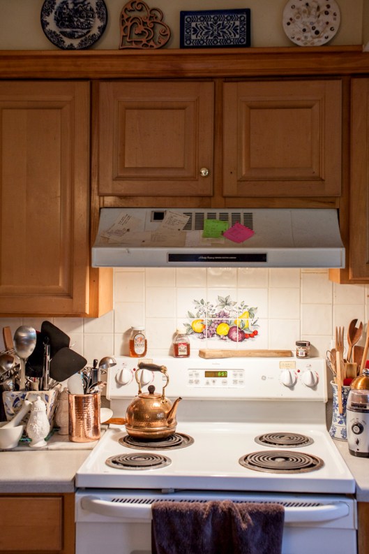 Stove area before the redo, with fruit tiles that don't match a thing in my entire house and orange wood cabinets.