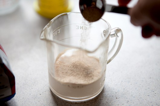 Dry yeast is sprinkled on warm water.