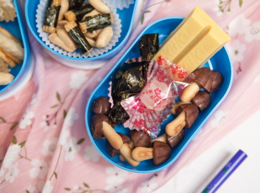 Japanese sweets - Mango Twix, mushroom-shaped cookies with chocolate tops, molasses brown sugar hard candy and plum mint hard candy