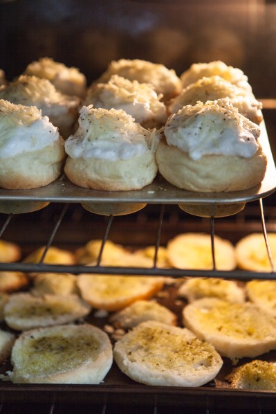 Bake brushed roll pieces for 10 minutes at 375. Bake Meringue Buns for 15 minutes for a liquid center yolk, 16 minutes for a soft-boiled yolk and 17 minutes for a hard-boiled yolk.
