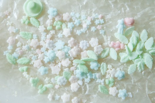 Sugar Bonnet decorations made of sugar, water and a little food coloring.