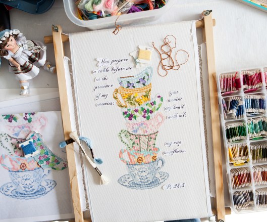 Cross stitch nearly finished. The words will be embroidered. Then adding more embroidery and seed beads will be the really fun part.