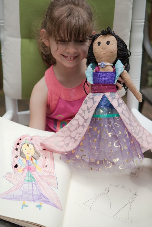 The Princess doll dress is finished!  She loves it! The design and colors are all her own, inspired by the sketch in her sketchbook.