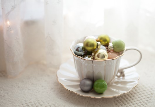 The beautiful earthy and neutral color ornaments were from Terrain. The tea cup is from Anthropologie.