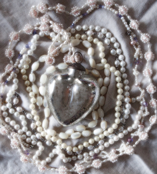 Mercury glass heart and pearls.